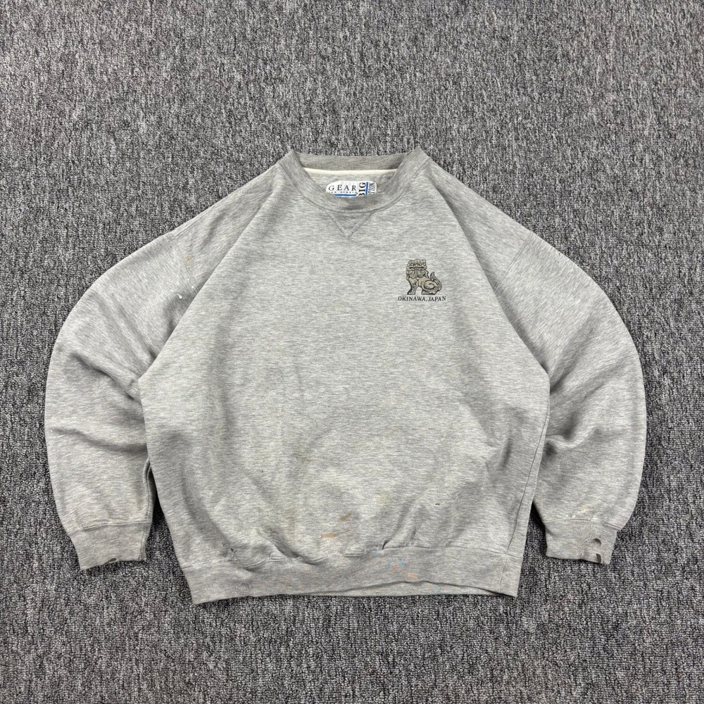 Thrashed Vintage 90s Distressed Heavyweight Okinawa Japan Sweatshirt Grey Medium